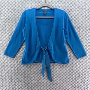 Ann Taylor Cardigan Tank Set Womens S Blue Silk Front Tie Scoop Neck Whimsi